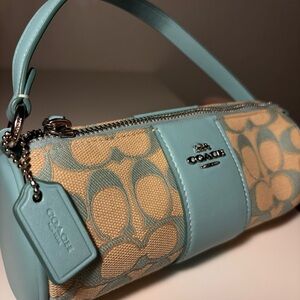 Coach Mini Cylinder Wristlet in Aqua and Natural Signature